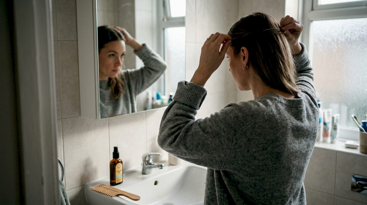 Woman fitting invisible wire hair extension