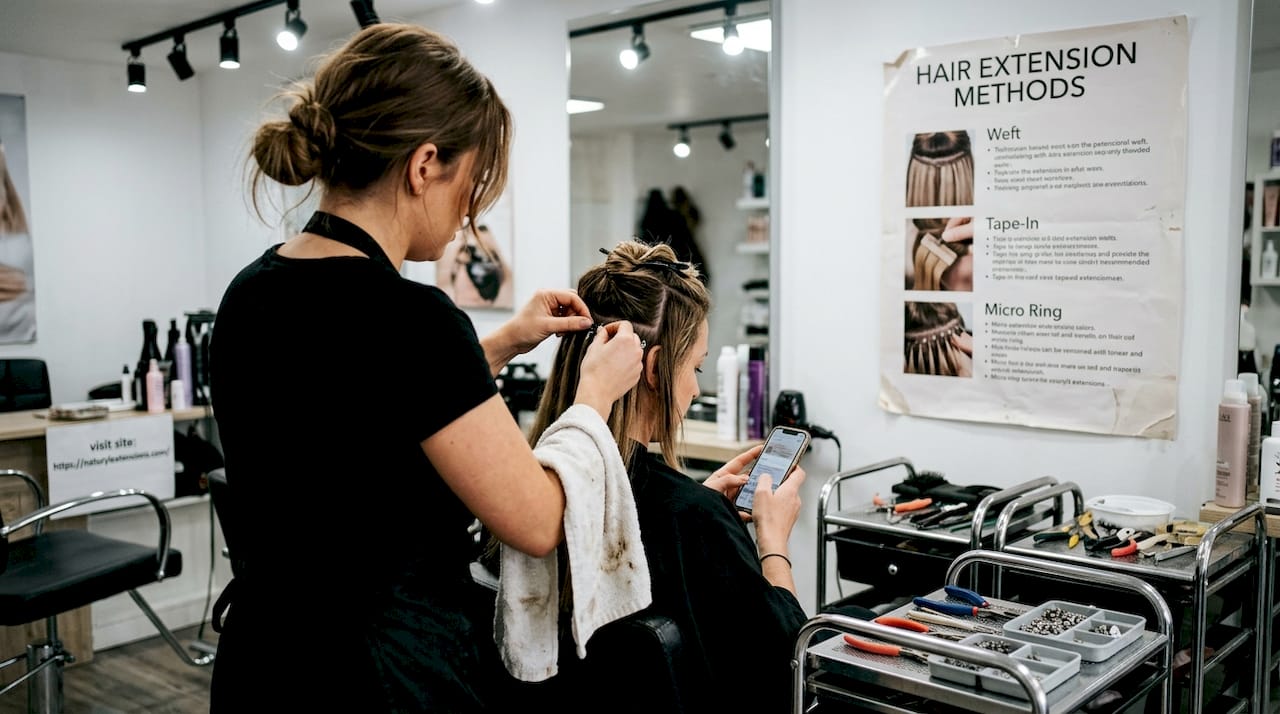 Hair stylist attaching micro ring extensions