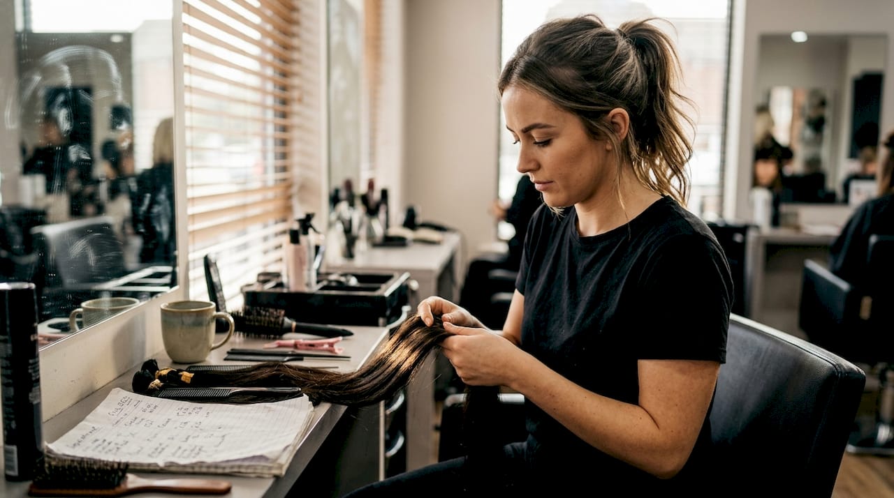 Hairstylist inspecting Remy hair extensions