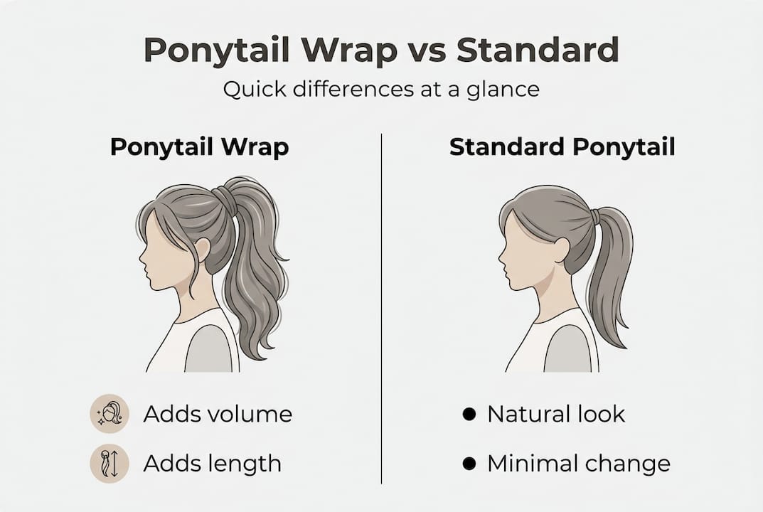 Infographic comparing ponytail wrap and standard ponytail