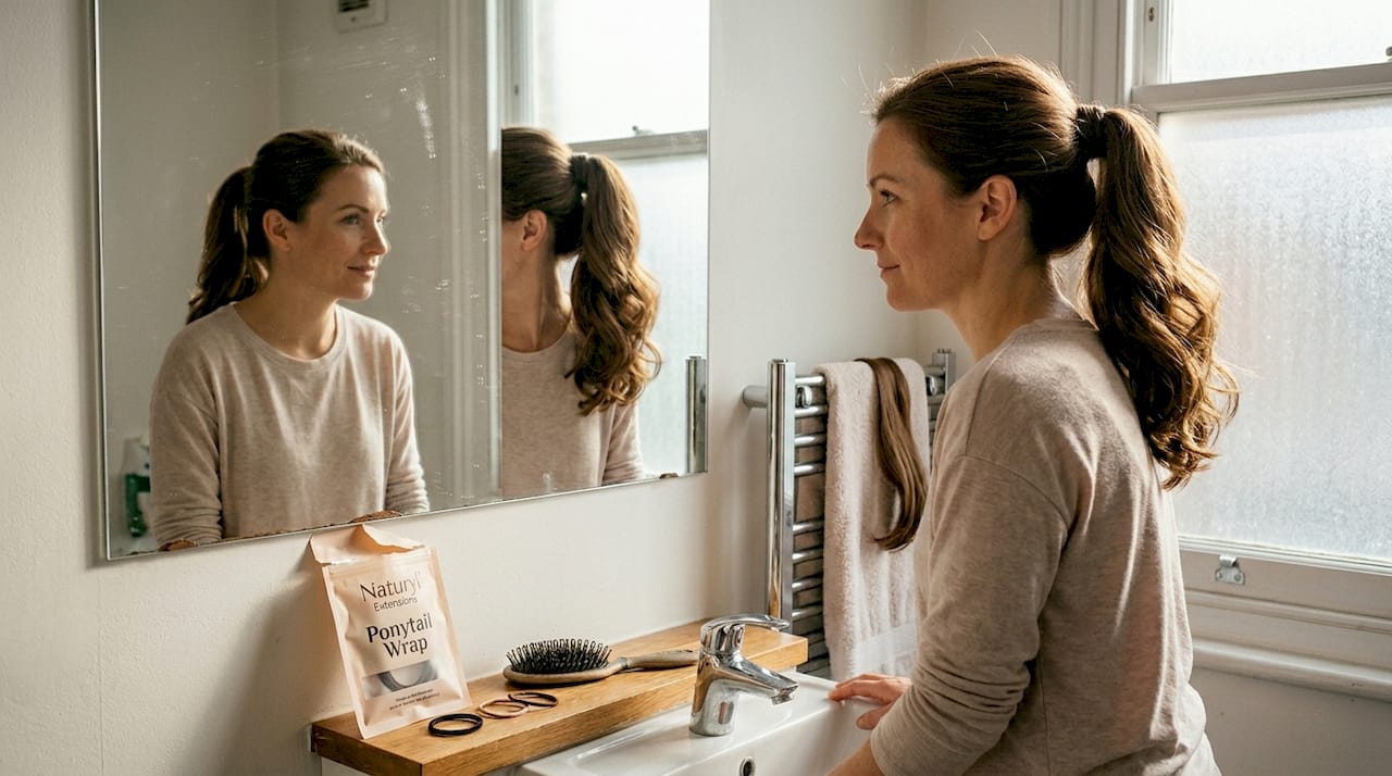 Woman shows before and after ponytail wrap