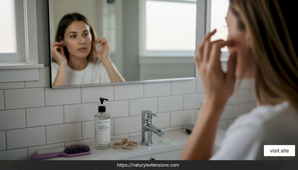 Woman checks her own hair extension fit