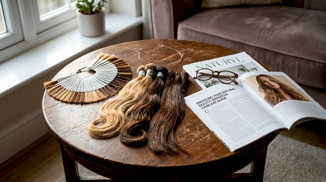 Close-up of Remy hair extensions and color swatch