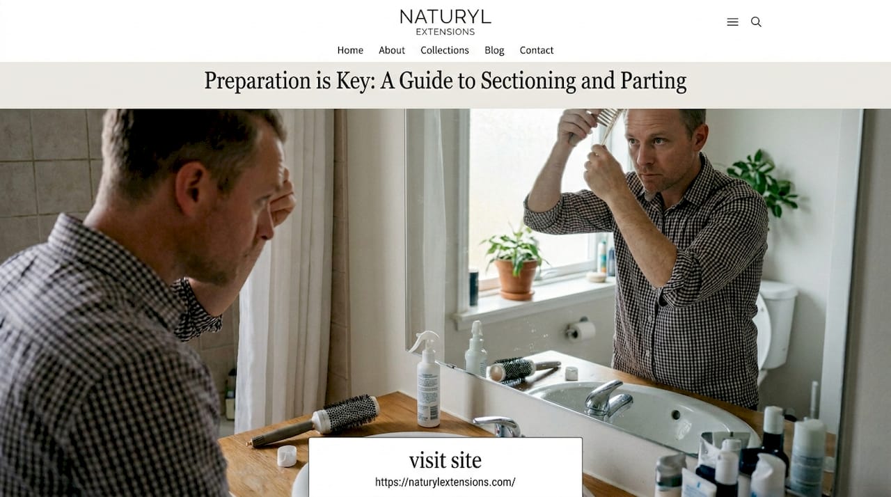 Man sectioning hair at bathroom sink for extensions