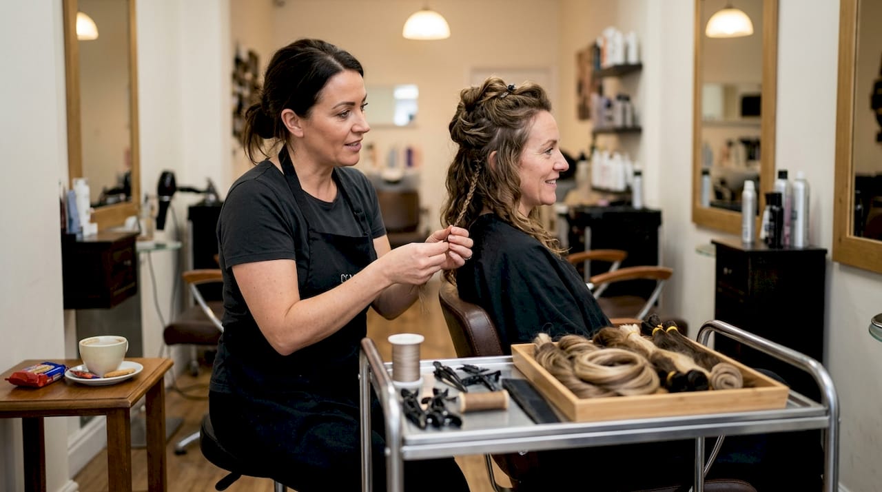 Stylist consults client about sewn-in extensions