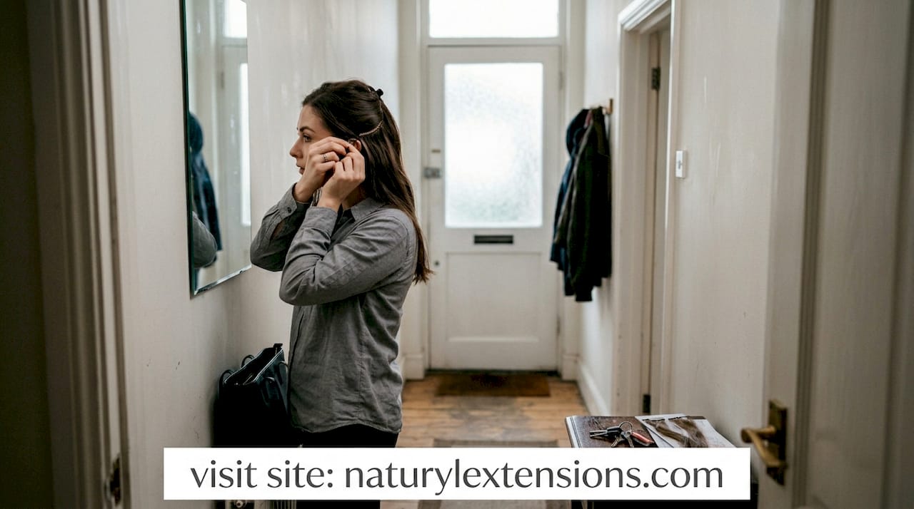 Woman attaching clip-in extensions during morning routine