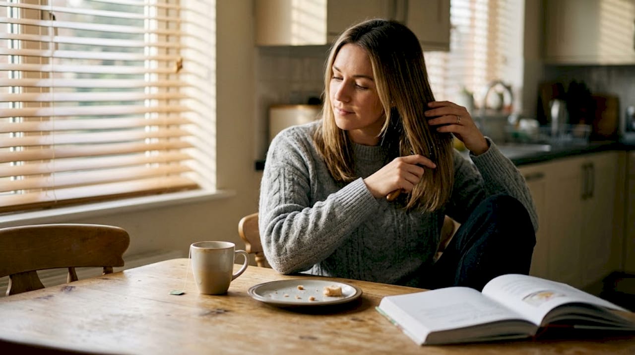 Woman brushing extensions at kitchen table