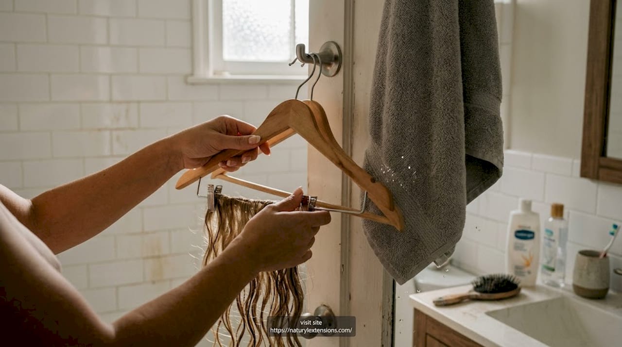Hands hanging extensions to dry at home