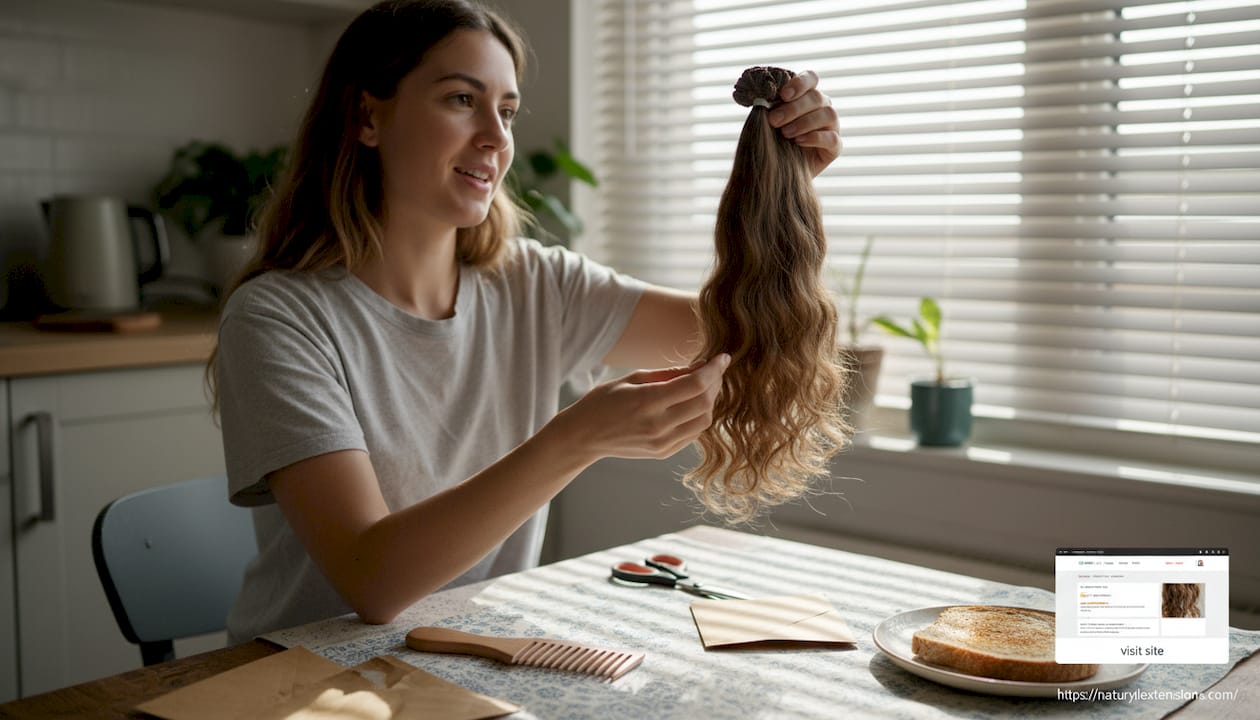 Woman inspecting hair extension bundle