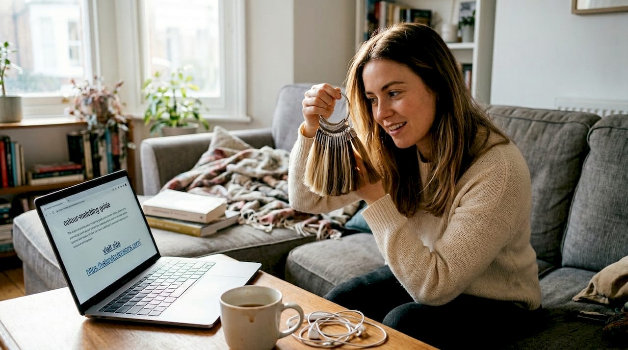 Woman matching hair extension colour at home