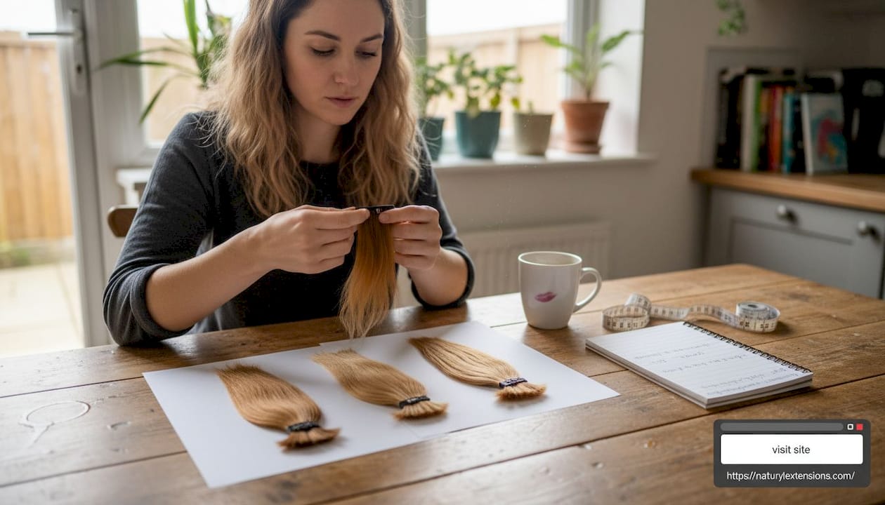 Woman comparing hair extensions at kitchen table
