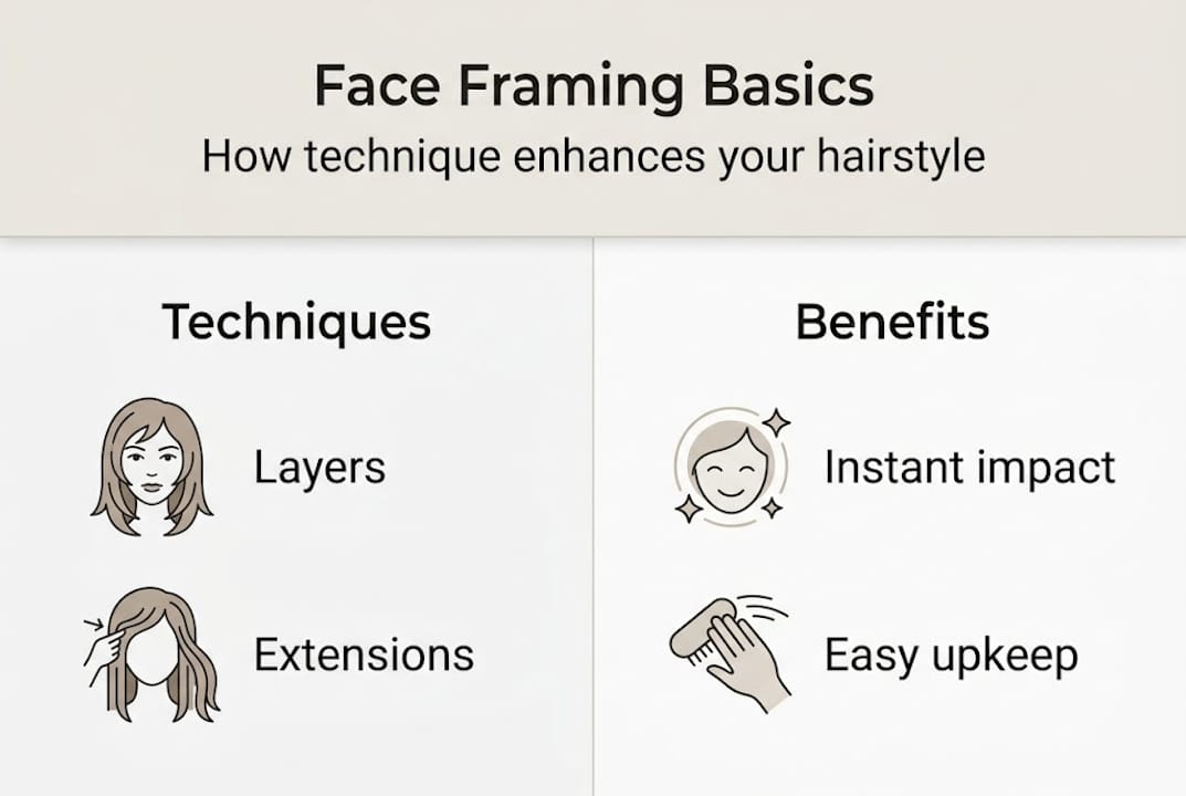 Infographic outlining face framing techniques and benefits