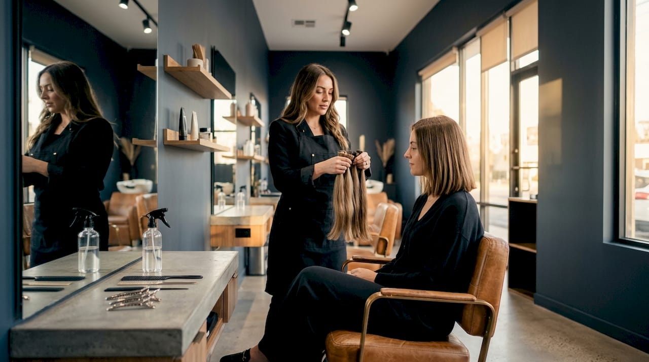 Stylist and client comparing hair extension lengths