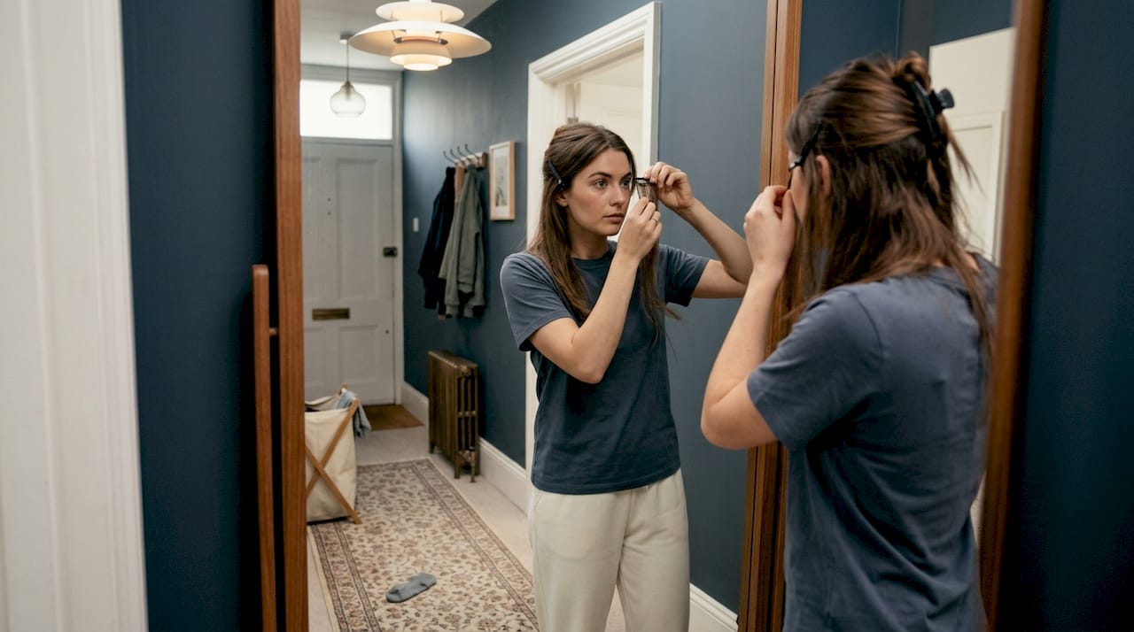 Woman applying clip-in extensions in hallway mirror