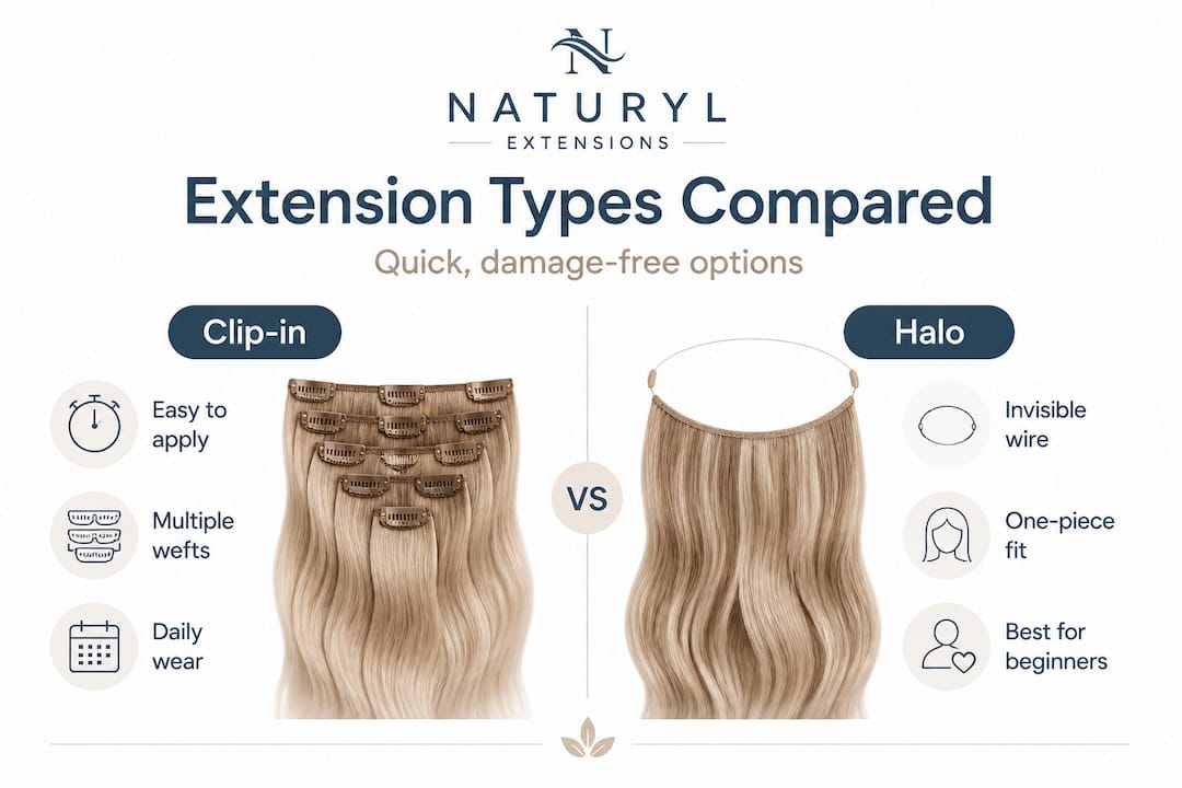 Infographic comparing clip-in and halo hair extensions