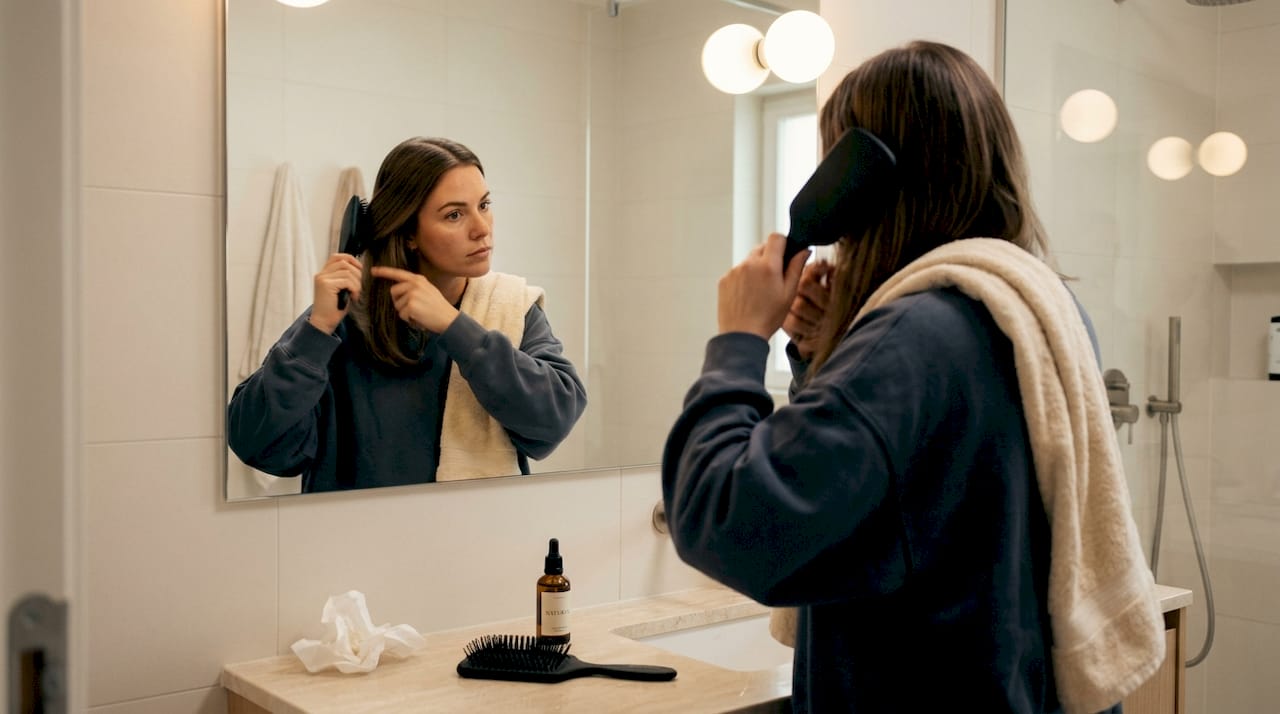 Woman blending wire extensions in bathroom