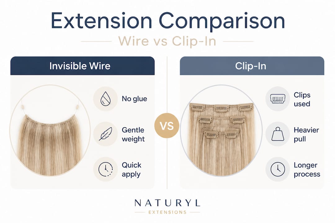 Infographic comparing invisible wire to clip-in extensions