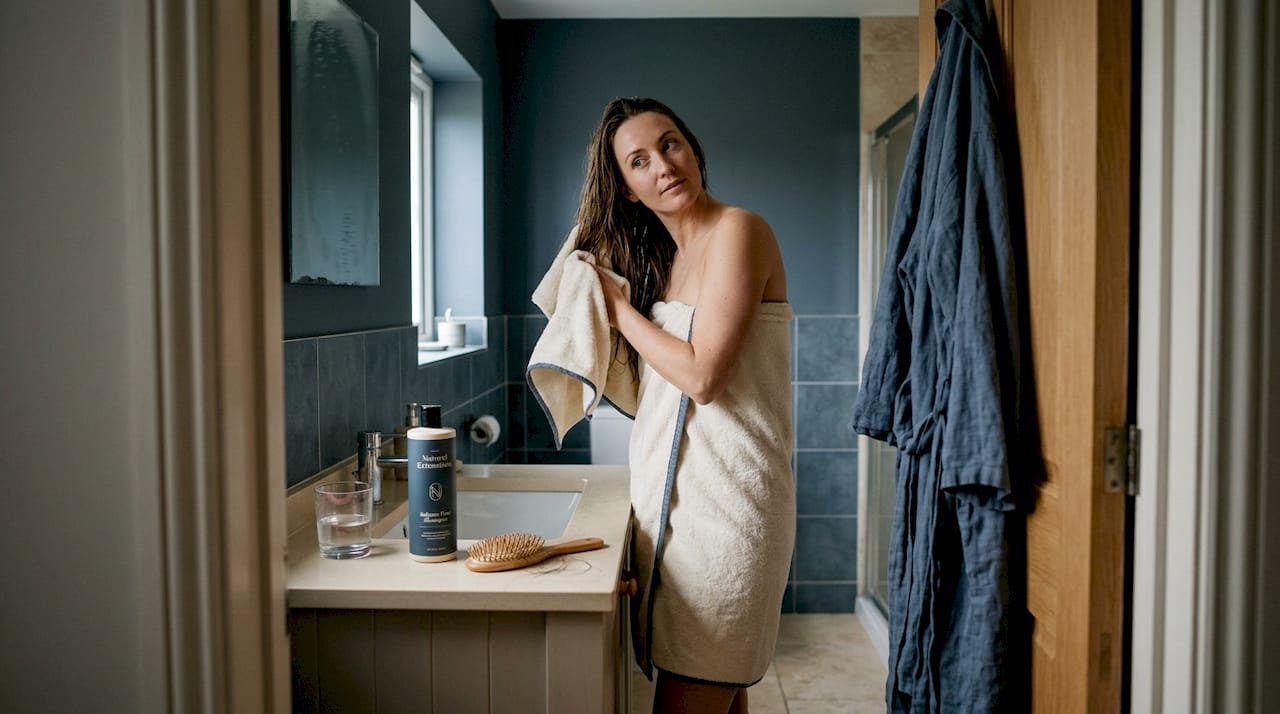 Woman drying hair in real-life bathroom