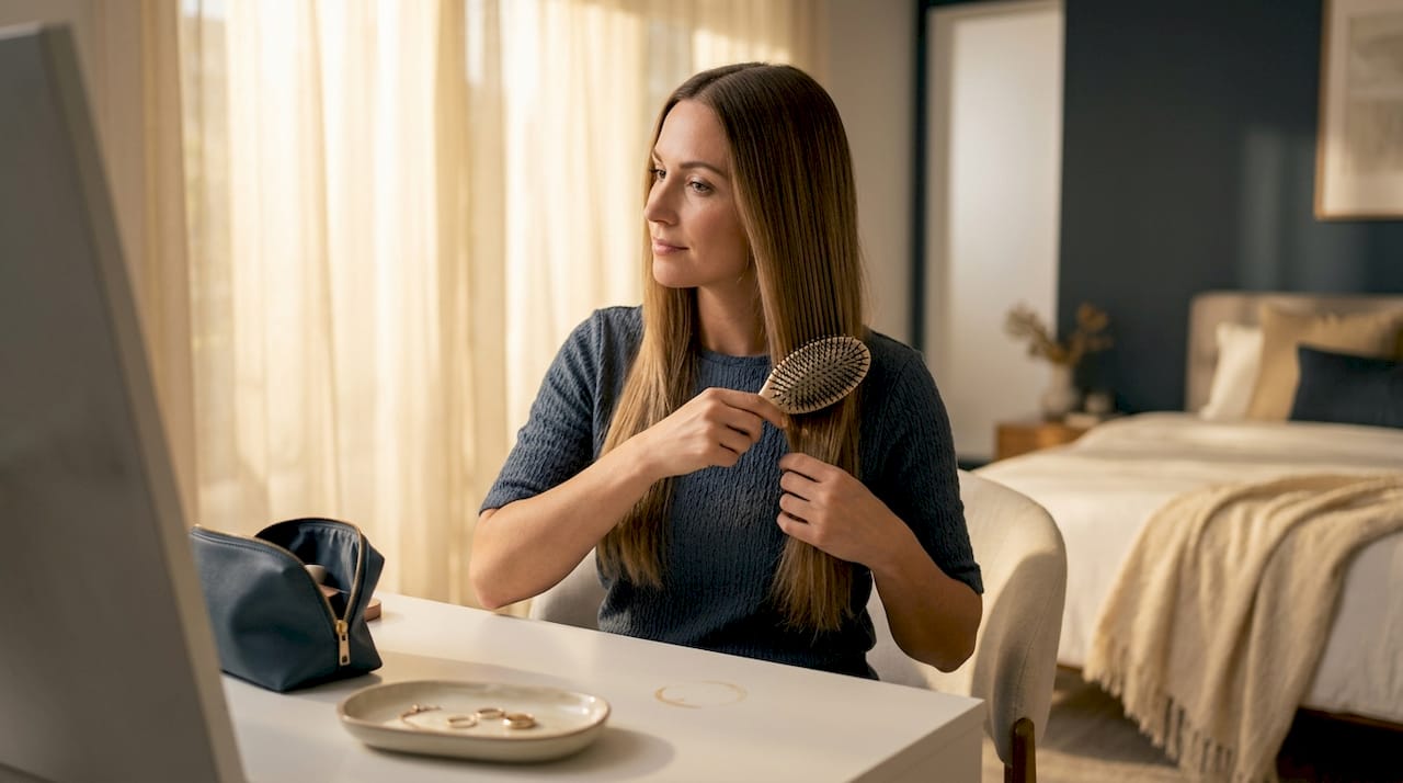 Woman brushing hair extensions at home