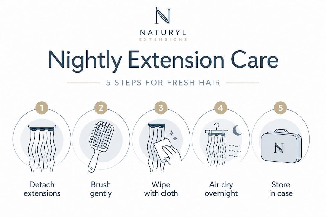 Infographic with nightly hair extension care steps