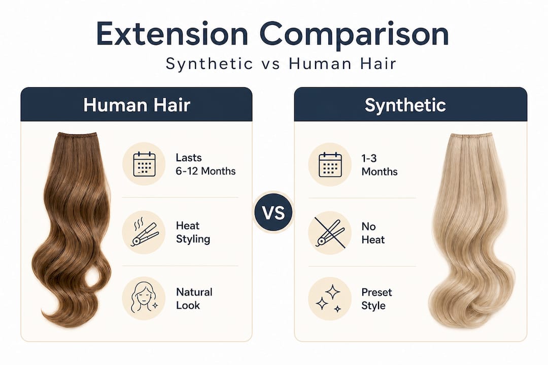 Infographic contrasting human and synthetic hair features