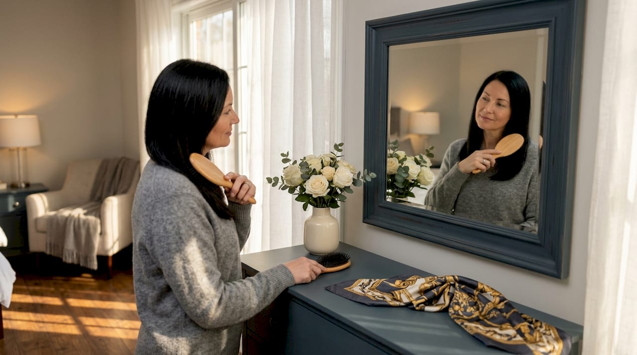 Brushing hair extensions in bathroom