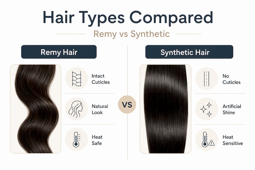 Split comparison Remy and synthetic hair