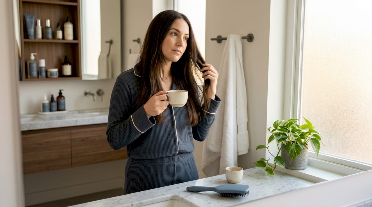 Morning hair extension care in kitchen