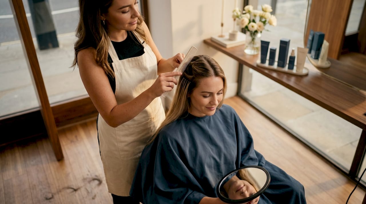Stylist installing hair extensions in salon