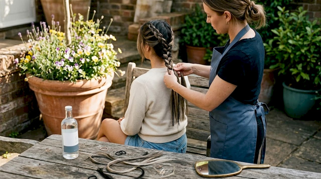 Stylist French braiding hair extensions in salon