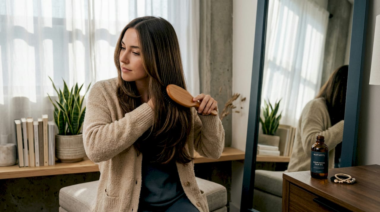 Woman brushing long layered hair with extensions