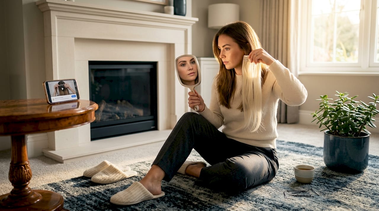 Woman applying clip-in extensions at home