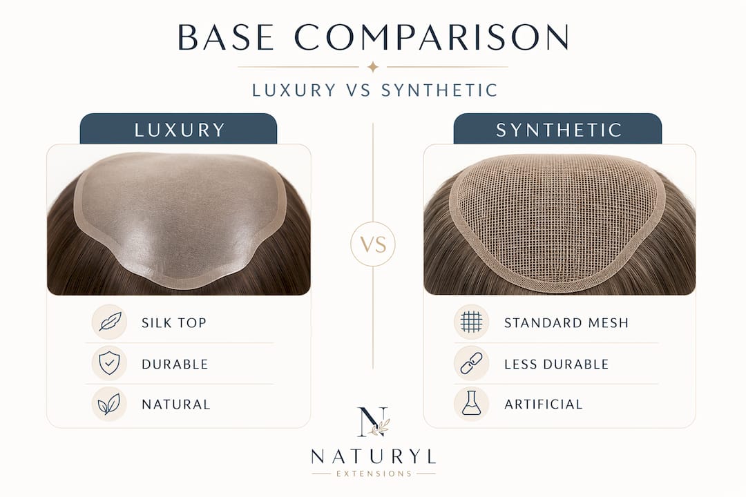 Infographic comparing luxury and synthetic hair topper bases