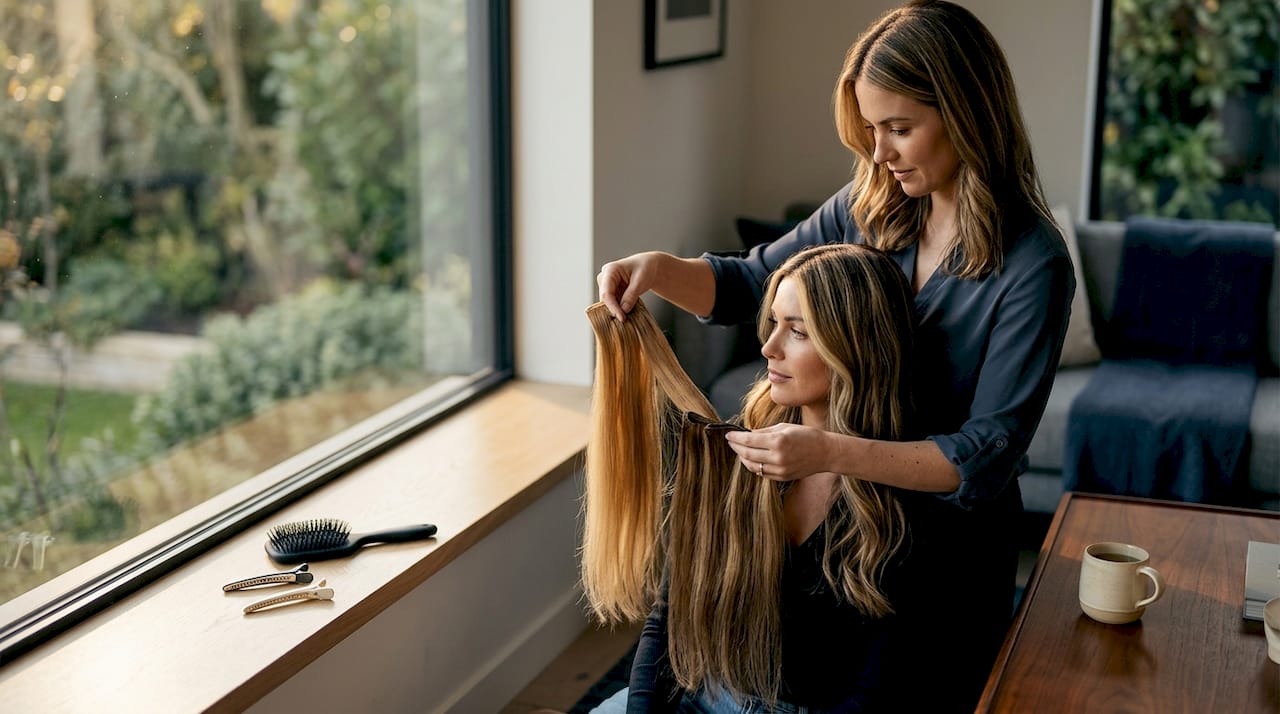 Stylist matching hair color in window light