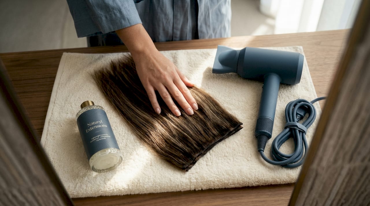 Checking dryness on hair extensions before styling