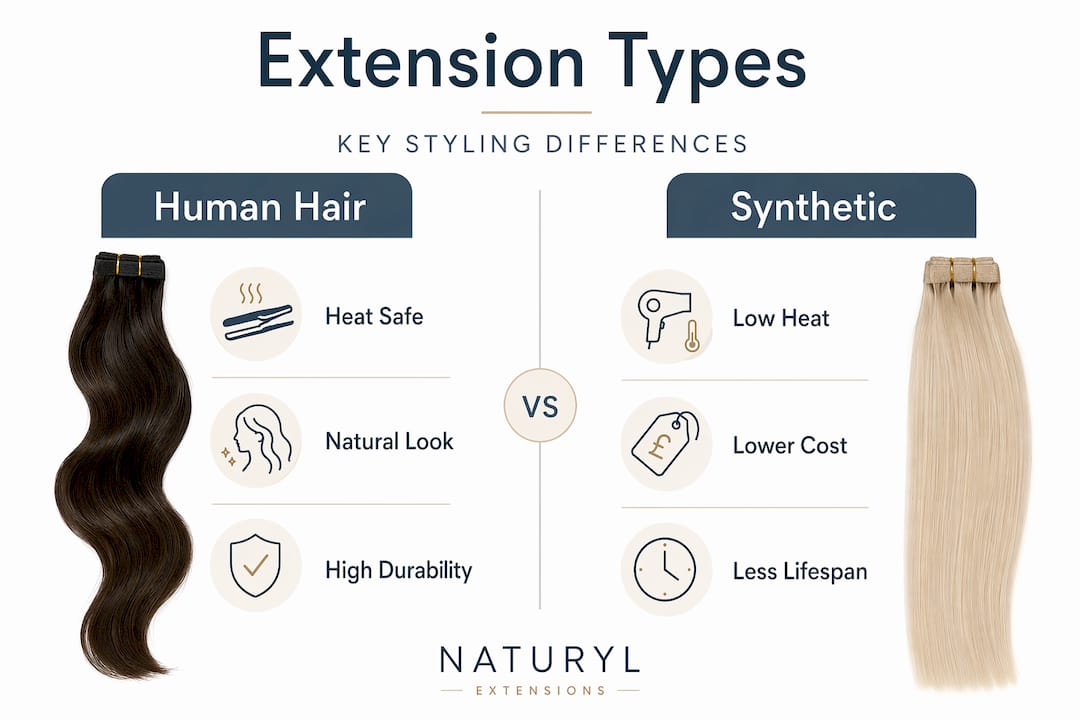 Infographic comparing human and synthetic hair extensions