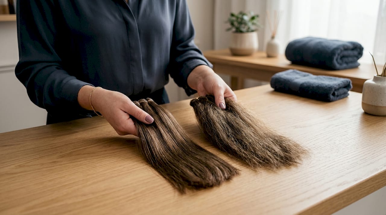 Hands compare hair extension bundle quality