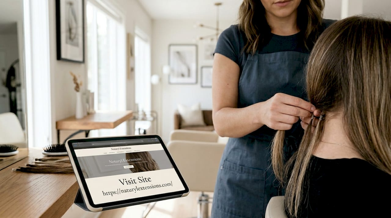Stylist checks attachment on hair extensions