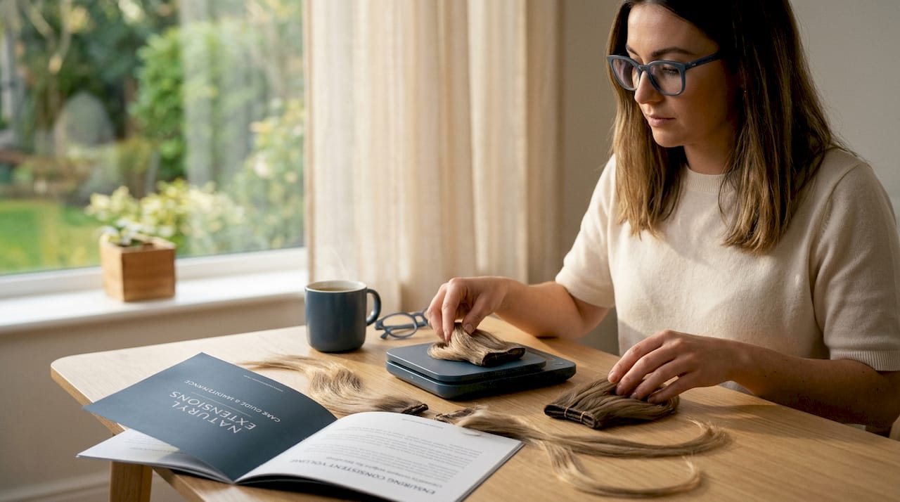 Woman weighing hair extensions on kitchen table
