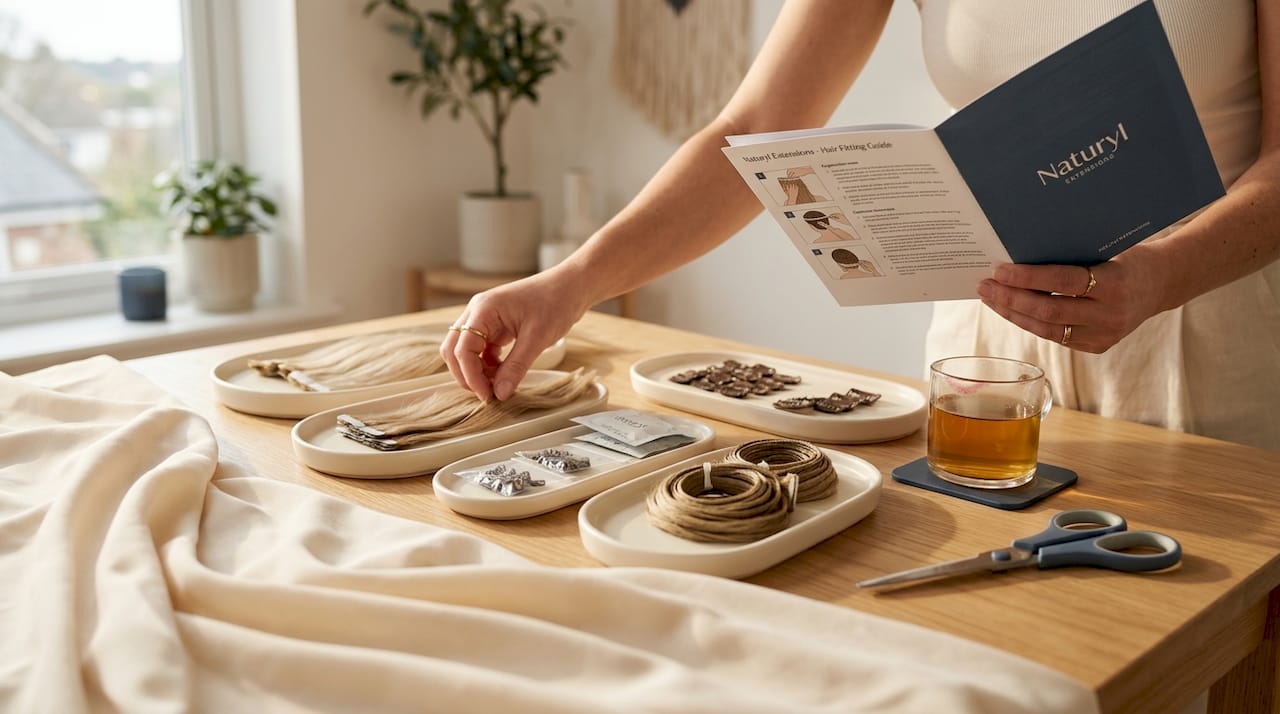 Different hair extension methods laid out on table