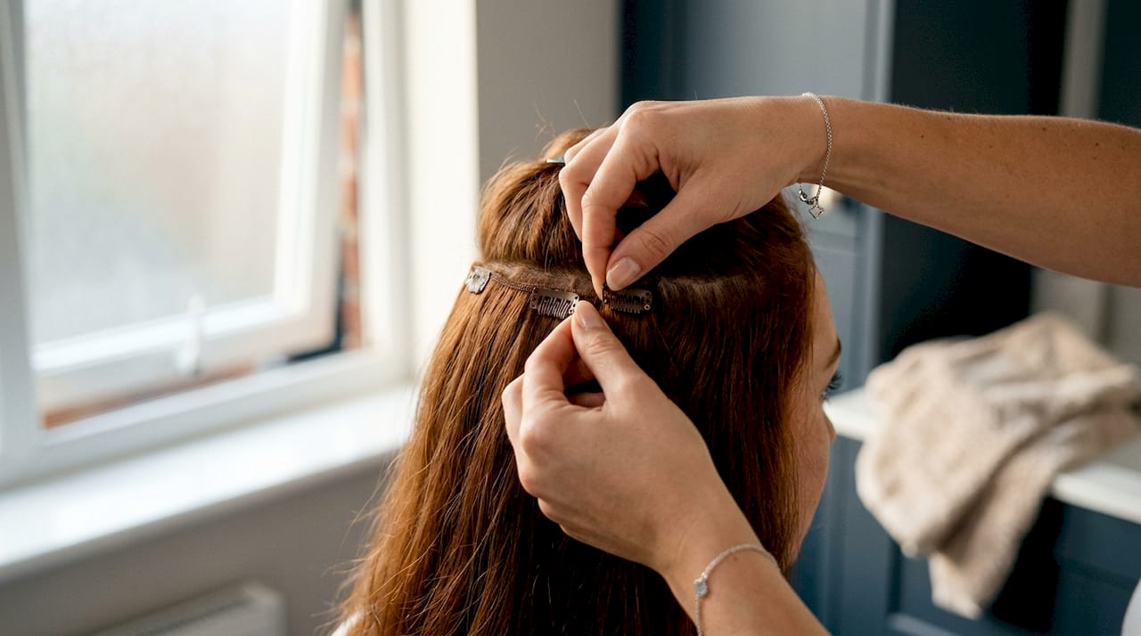 Close-up hands applying clip-in hair extensions