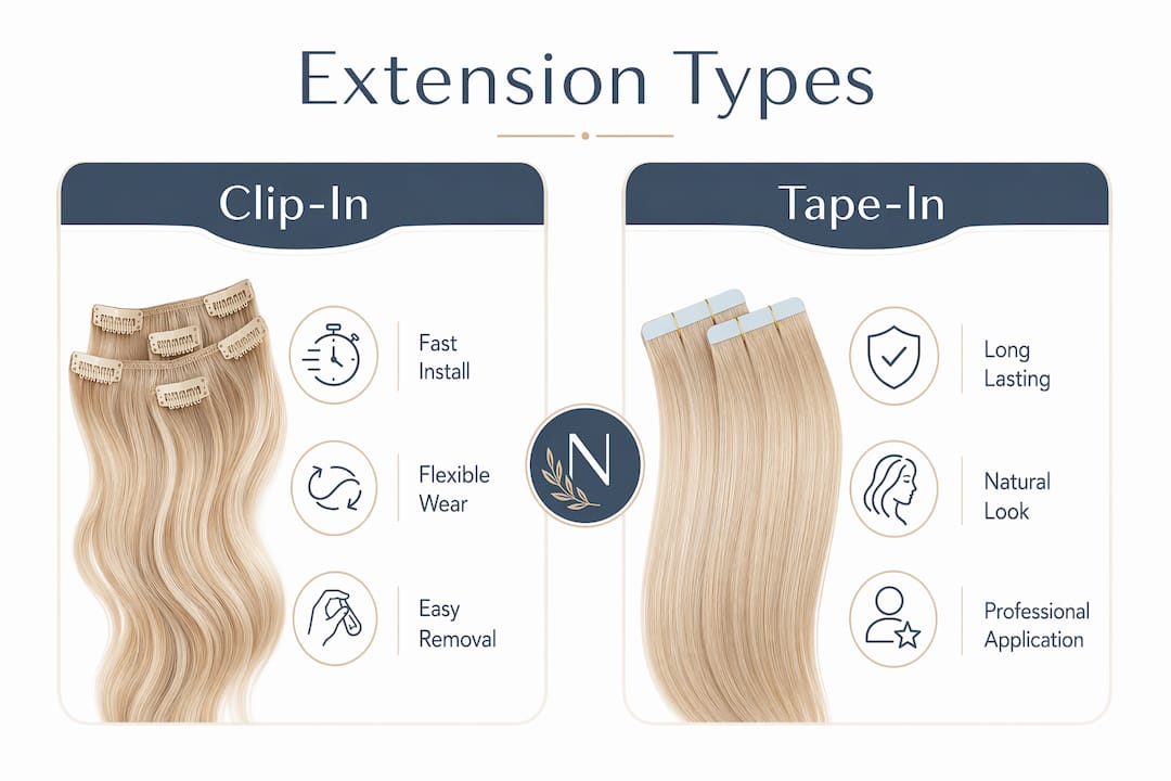 Infographic comparing clip-in and tape-in hair extensions