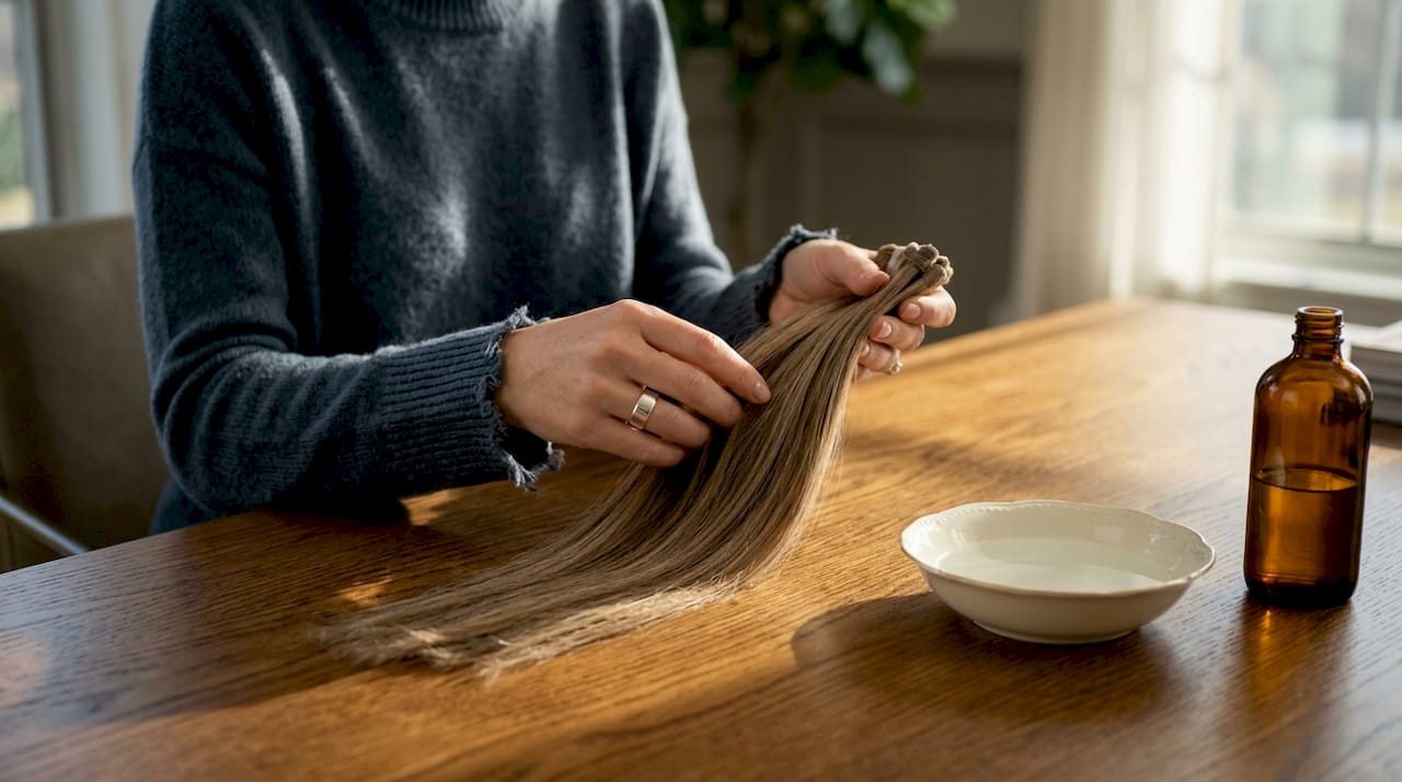 Hands testing aligned cuticle on hair extensions