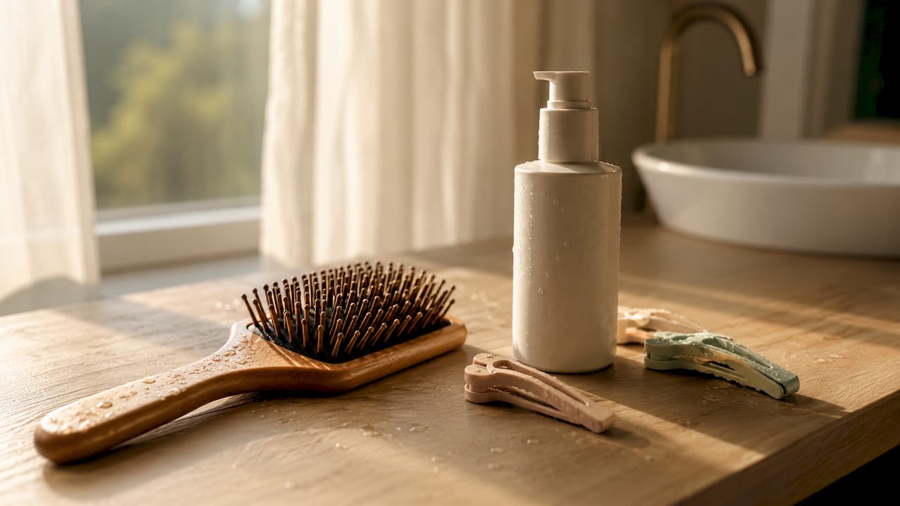 Hairbrushes and care products on bathroom counter