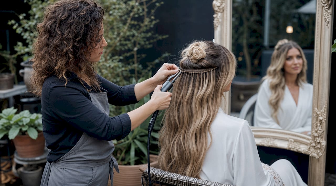 Hairstylist applying keratin bond hair extensions