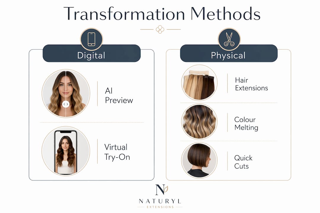 Infographic comparing digital vs physical hair transformation methods