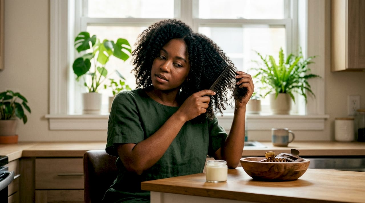 Woman detangling textured natural hair