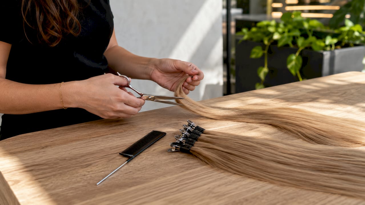 Close-up of tools for trimming hair extensions