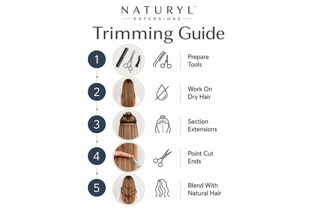 Infographic illustrating step-by-step trimming hair extensions