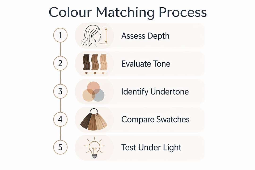 Infographic illustrating steps in colour matching hair extensions